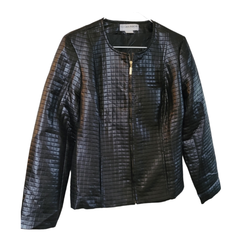 Quilted leather look lightweight 90s oversized black jacket size large - Picture 6 of 11